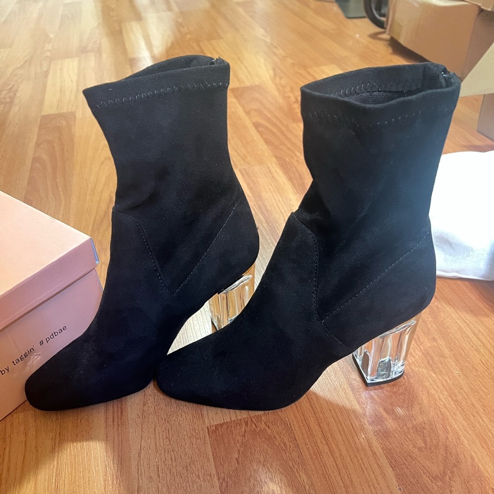 Public Desire Elegant Black Suede Ankle Boots with Clear Heels